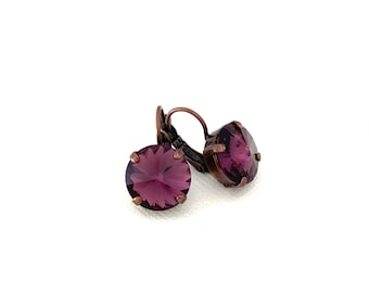 Amethyst 12mm Round Drop Dangle Crystal Earrings ~ Antique Copper ~ Gifts for Her ~ Purple Earrings ~ February Birthstone ~ Birthdays