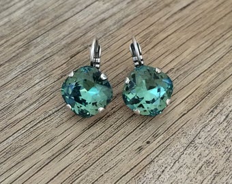 Erinite Green 12mm Cushion Cut Crystal Earrings ~ Antique Silver ~ Drop Dangle Earrings ~ St. Patrick's Day~ Gifts for Her