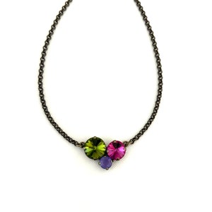 Bewitched Tri-Stone Crystal Necklace ~ Three Stone ~ Rare Retired Olivine ~ Fuchsia and Iridescent Purple ~ Gifts for Her ~ 60&#39;s Style