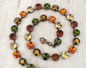 Fall Earth Tones 8mm Crystal Necklace ~ Choker ~ Antique Brass ~ Neutral ~ Fall Autumn Necklace ~ Burnt Orange ~ Pumpkin