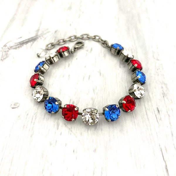 Red White & Blue Crystal 8mm Bracelet ~ Patriotic Gifts ~ Memorial Day ~ Veteran's Day ~ American Pride ~ 4th of July