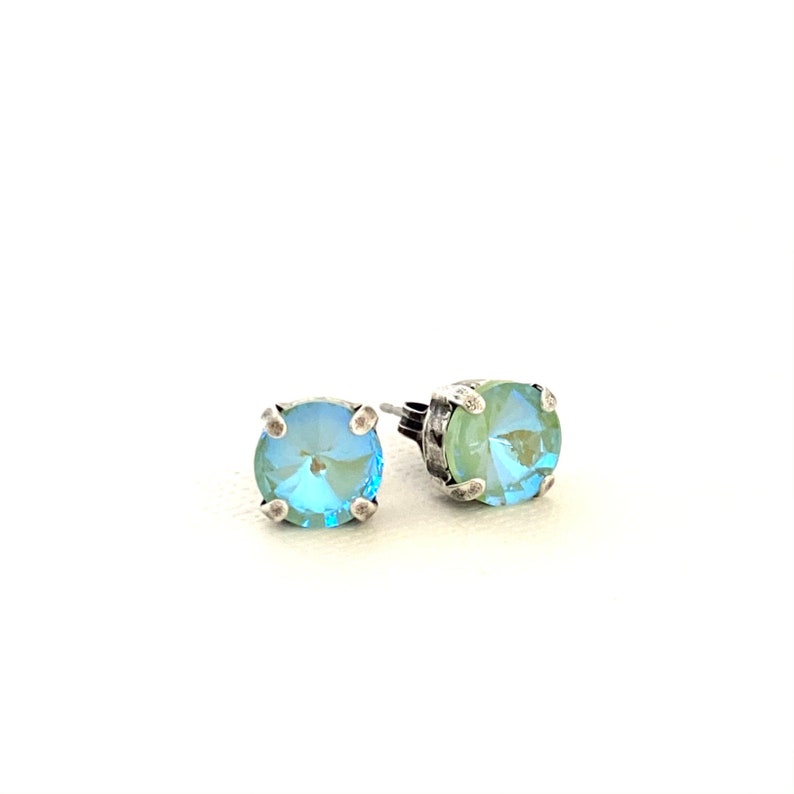 Spring Mint 8mm Crystal Stud Earrings Iridescent Mint Green Delite Antique Silver Post Earrings Gifts for Her image 3