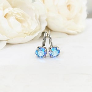Light Sapphire Shimmer 8mm Drop Dangle Earrings ~ Silver / Rhodium Setting ~Iridescent Sky Blue ~ Light Blue Earrings