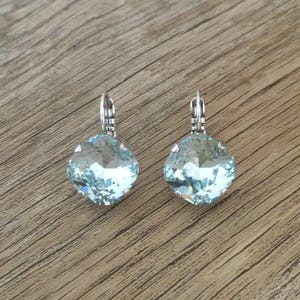 May include: A pair of silver earrings with light blue crystal stones. The earrings have a simple design and are perfect for everyday wear.