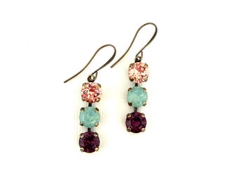 Garden Floral Three Drop 8mm Crystal Earrings ~ Antique Brass ~ Bronze ~ French Hooks ~ Pacific Opal ~ Amethyst and Rose Peach