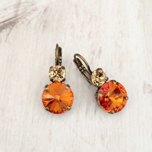 Pumpkin Spice Crystal Earrings  ~ 12mm ~ 6mm Double Drop Dangle ~ Antique Brass ~ Fall Earrings ~ Burnt Orange ~ Two Stone ~ Tangerine