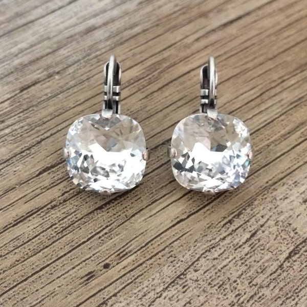 Classic Clear Crystal 12mm Cushion Cut Earrings ~ Drop Dangle Earrings ~ Antique Silver ~ Gifts for Her