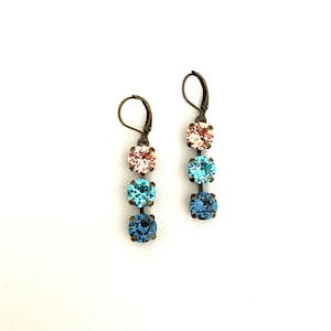Coral Reef 8mm Three Crystal Drop Dangle Earrings ~ Antique Brass ~ 3 Stone ~ Turquoise ~ Rare Rose Peach and Rich Blue