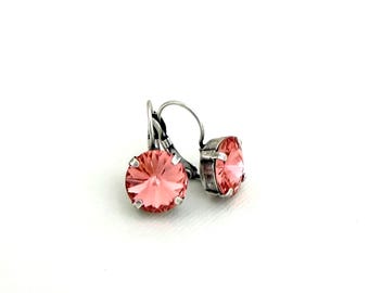 Spring Rose Peach 12mm Crystal Drop Earrings ~ Antique Silver ~ Pink Peach