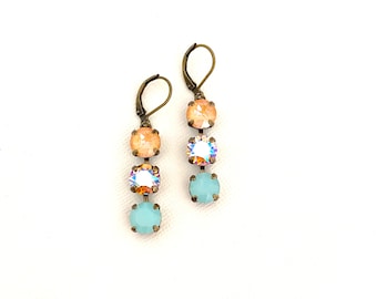 Summer in Italy Three Stone Drop 8mm Earrings ~ Antique Brass ~ Peach Delite ~ Aqua Opal and Neutral AB Shimmer ~ Gifts for Her