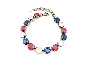 Stars and Stripes 8mm Crystal Bracelet ~ Antique Silver ~ Red White Blue ~ Retired Royal Red & Blue ~ Embellished with Swarovski® Crystals
