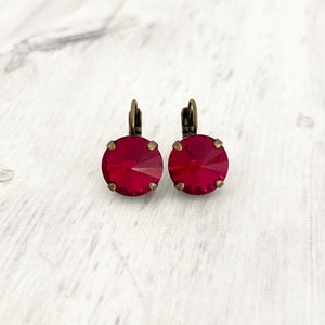 Dark Siam Red 12mm Round Drop Earrings ~ Dangle Earrings ~ Antique Brass ~ Christmas Earrings ~ Valentines Day