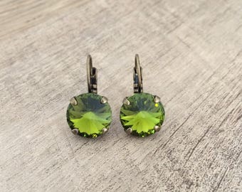 Camo Olive Army Green Olivine 12mm Crystal Earrings ~ Camouflage ~ Military ~ Antique Brass ~ Rare Color ~ Retired ~ Gifts for Her