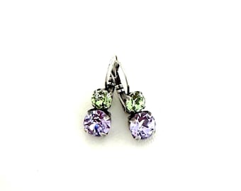 Violet and Vine 6mm and 8mm Two Crystal Earrings ~ Antique Silver ~ Peridot Violet ~ Green Purple ~ Embellished with Swarovski® Crystals
