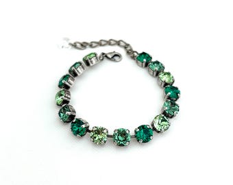Shamrock Shine 8mm Crystal Bracelet ~ Shades of Green ~ Majestic ~ Adjustable Antique Silver Setting ~ Gifts for Her ~ St. Patrick's Day