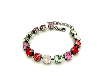 Spring Bloom 8mm Crystal Multi Color Bracelet ~ Antique Silver ~ Pinks, Greens and More