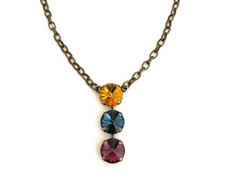 Cozy Flannel Three Crystal Cascading Drop Necklace ~ Antique Brass ~ 12mm ~ Topaz, Deep Navy Blue and Amethyst ~ Gifts for Her