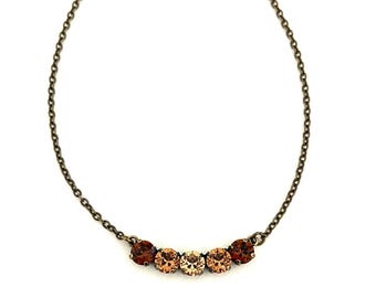 Smokey Ombre Rustic Tone 8mm Five Crystal Necklace ~ Adjustable Antique Brass setting ~ Topaz ~ Rich Neutral Browns ~ Fall & Autumn Jewelry