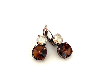 Almost Autumn Two Crystal Drop Earrings ~ 12mm Smoked Topaz ~ 8mm Champagne Golden Shadow ~ Antique Copper ~ Gifts for Her ~ Brown and Gold