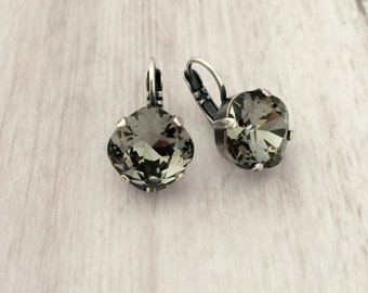 Black Diamond 12mm Cushion Cut earrings // Antique Silver finish // Grey earrings // Classic Style