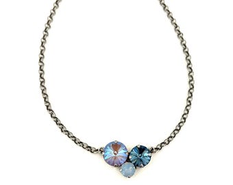 Petal and Sky Tri-Stone Crystal Necklace ~ 14mm, 12mm, 8mm ~ 3 Cluster ~ Retired Cappuccino ~ Navy Denim ~ Pale Blue Opal ~ Antique Silver