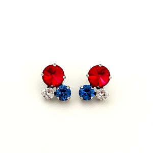 Red White & Blue Crystal Matte Triple Three 3 Stud Stone Earrings  ~ Patriotic  ~ Memorial Day ~ Veteran&#39;s ~ American ~ Multi ~ Cluster