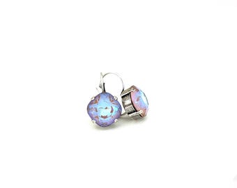 Cappuccino Delite 12mm Cushion Cut Crystal Drop Earrings ~ Antique Silver ~ Dangle ~ Lever Backs ~ AB Iridescent ~ Gifts for Her