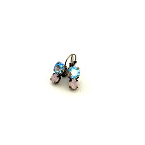 Crystal Lake 8mm & 6mm Minimalist Two Crystal Drop Earrings ~ Light Sapphire Shimmer ~ Rosewater Opal ~ Antique Brass ~ Gifts for Her
