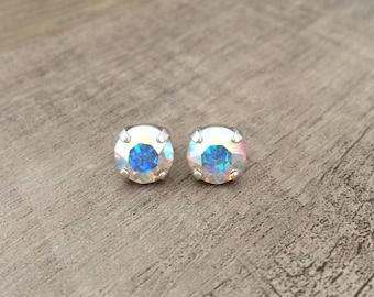 Crystal AB 8mm Stud Post Earrings ~ Antique Silver Plate ~ Gifts for Her ~ Iridescent ~ Aurora Borealis