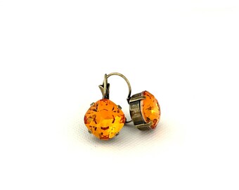 New Dark Orange 12mm Fine Crystal Drop Dangle Earrings ~ Antique Brass ~ Pumpkin ~ Fall and Autumn Jewelry ~ Gifts for Her