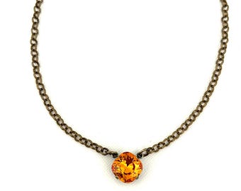 New Dark Orange 12mm Fine Crystal Single Stone Necklace ~ Antique Brass ~ Pumpkin ~ Fall and Autumn Jewelry ~ Gifts for Her ~ Minimalist
