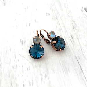 Misty Montana Gray Two Stone Drop Earrings ~ New Serene Gray Delite ~ Montana Blue ~ 6mm 12mm ~ Antique Copper ~ Blue Navy Grey