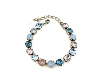 Petal and Sky 8mm  Crystal Bracelet ~ Blue Opal ~ Classic Denim Navy ~ Rare Retired Cappuccino ~ Antique Silver ~ Gifts for Her
