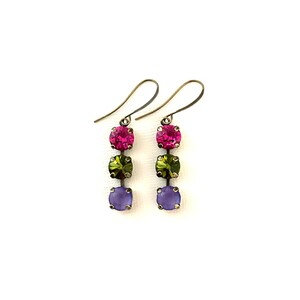 Bewitched Three Crystal 8mm Drop Earrings ~ Rare Olivine ~ Fuchsia Iridescent Purple ~ Gifts for Her ~ 60&#39;s Style ~ Antique Brass