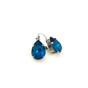 Large Peacock Teal Blue Pear 18mm Crystal Drop Dangle Earrings ~ Antique Silver ~ Gifts for Her ~ Blue Teardrop ~ Blue Crystal Earrings