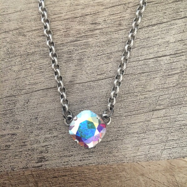 AB Aurora Borealis Single Stone 12mm Cushion Cut Necklace // Gifts for Her // Bridesmaids
