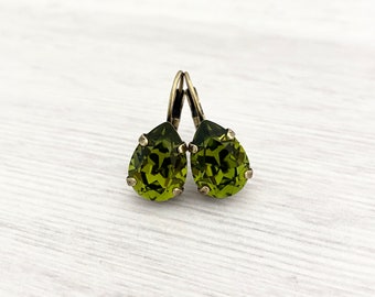 Rare ~ Retired Crystal Olive Green Teardrop Earrings ~ Army Green ~ Pear Shape ~ Antique Brass ~ Fall Jewelry ~ Olivine ~ 14mm