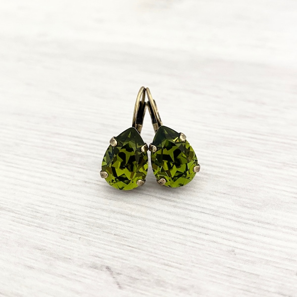 Rare ~ Retired Crystal Olive Green Teardrop Earrings ~ Army Green ~ Pear Shape ~ Antique Brass ~ Fall Jewelry ~ Olivine ~ 14mm