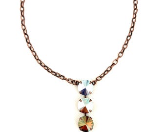Autumn AB Three Drop 12mm Crystal Necklace ~ Copper AB ~ Neutral Shine ~ Adjustable Antique Copper Setting ~ Fall Jewelry ~ Gifts for Her