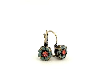 Garden Floral Crystal Drop Earrings ~ Pacific Opal and Coral Petite Daisies ~ Flower ~ Antique Brass Lever Back Settings ~ Gifts for Her