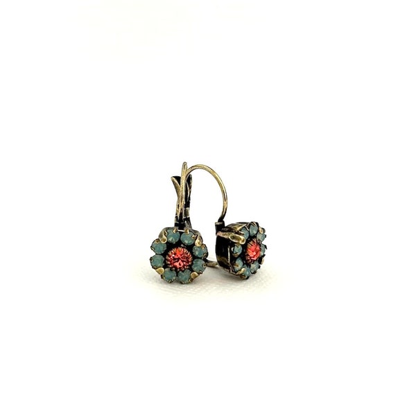 Garden Floral Crystal Drop Earrings ~ Pacific Opal and Coral Petite Daisies ~ Flower ~ Antique Brass Lever Back Settings ~ Gifts for Her