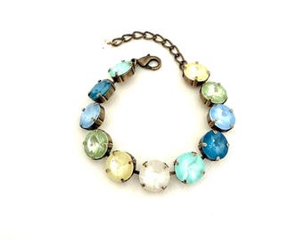Coastal Bloom 12mm Crystal Bracelet ~ Antique Brass ~ Embellished with Swarovski® Crystals ~ Blues, Yellow, Greens