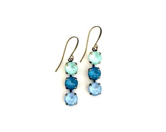 Coastal Bloom Three Drop Hanging Earrings ~ 8mm Crystal ~ Blue Greens ~ Antique Brass ~ French Hooks ~ Embellished with Swarovski® Crystals