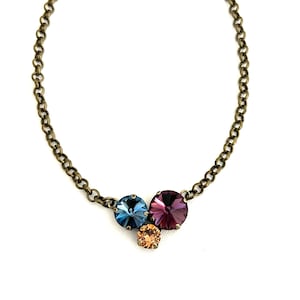 Amethyst, Navy and Neutral Tan Three Crystal Cluster Necklace ~ Antique Brass ~ 14mm 12mm 8mm ~ Gifts for Her