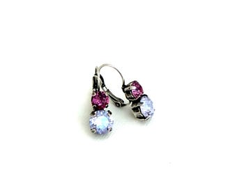 Blush Bloom Two Drop Earrings ~ Violet Moonlight 8mm Crystal ~ 6mm Dark Rose ~ Antique Silver
