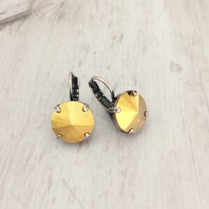 12mm Buttery Yellow Metallic Drop Dangle Earrings ~ Yellow Earrings ~ Metallic Earrings ~  Rivoli ~ Sunshine Yellow
