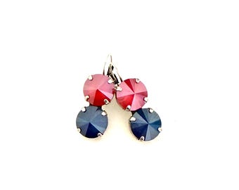 Stars and Stripes 12mm Two Drop Crystal Earrings ~ Antique Silver ~ Retired Royal Red and Royal Blue ~ Embellished with Swarovski® Crystals