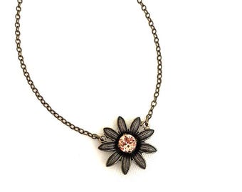 Rose Peach 8mm Fine Crystal Floral Necklace ~ Antique Brass ~ Metal Flower ~ Gifts for Her ~ Single Stone