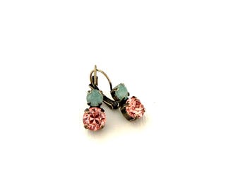 Garden Floral Earrings ~ Rose Peach and Rare Pacific Opal ~ Antique Brass Two Drop Crystal Earrings