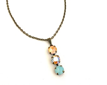 Summer in Italy Three Stone 8mm Drop Necklace ~ Antique Brass ~ Peach Delite ~ Aqua Opal and Neutral AB Shimmer ~ Gifts for Her